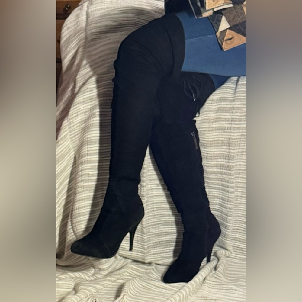 Shoe dazzle over the knee stiletto heel boots.